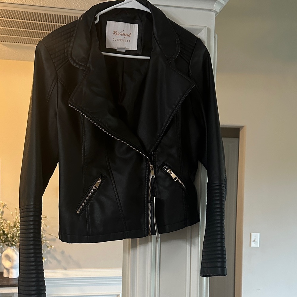 Revamped Black Faux Leather Moto Jacket with Quilted Sleeves